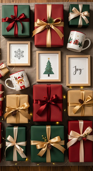 Collection of Christmas-themed gift boxes, mugs, and framed pictures on a wooden surface.