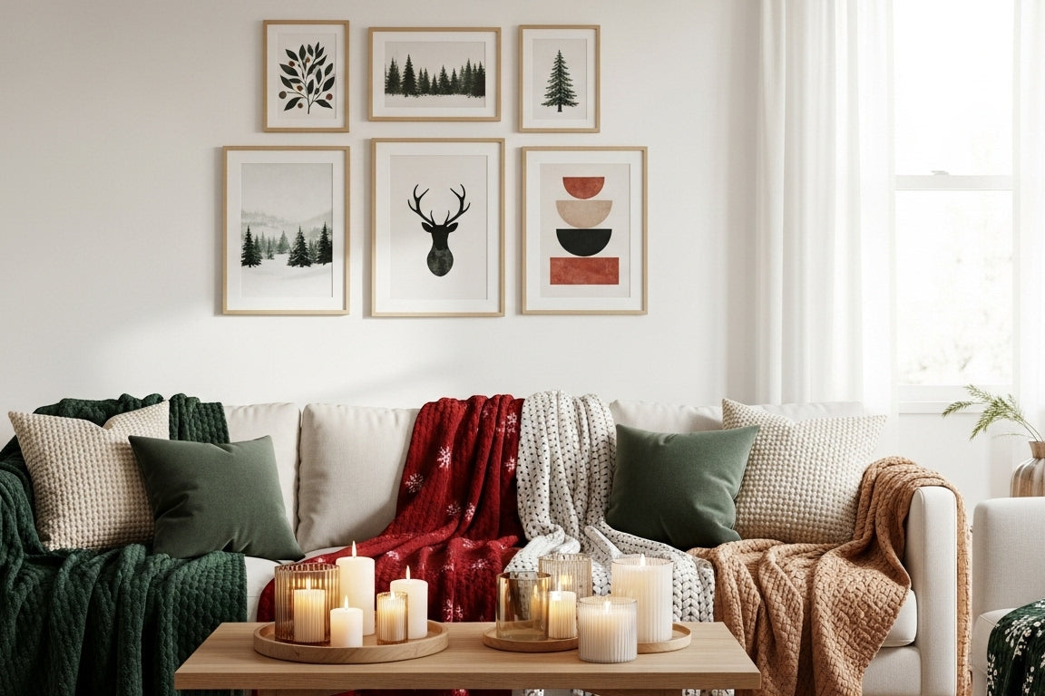 Cozy living room with a white sofa, candles, and decorative pillows.