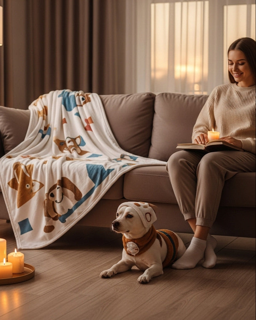 Woman sitting on a couch with a dog, both under a blanket with dog patterns, in a cozy living room.