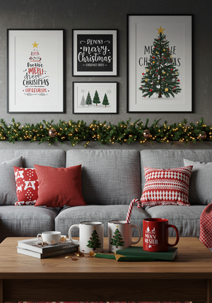 Living room with Christmas decor, including framed artwork and a coffee table with mugs.