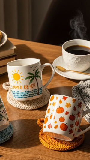Three mugs with seasonal designs on a wooden table with a cup of coffee and cookies.