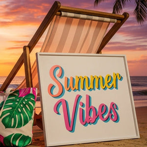 Beach scene with 'Summer Vibes' sign, palm trees, and sunset.